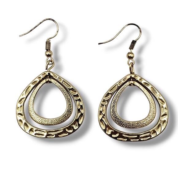 Vintage Gold Tone Textured Concentric Teardrop Dangle Drop Hook Earrings - Picture 1 of 6